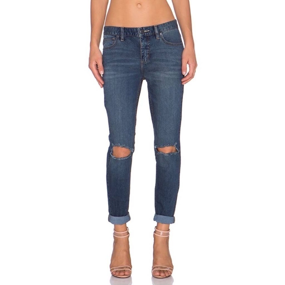 Free People Blue Josie Denim Destroyed Distressed Blowout Knee Skinny Jeans 25